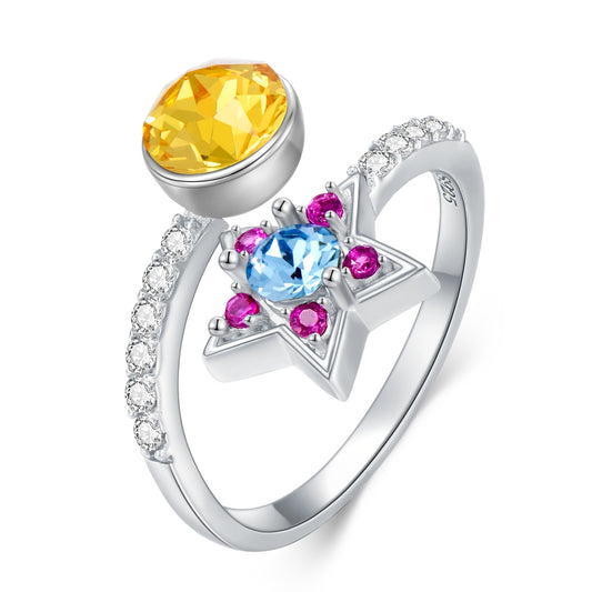 Dainty Star&Moon Crystal Rings for Women 925 Sterling Silver Colored Crystal Ring Gemstone White Gold Plated Ring for Women