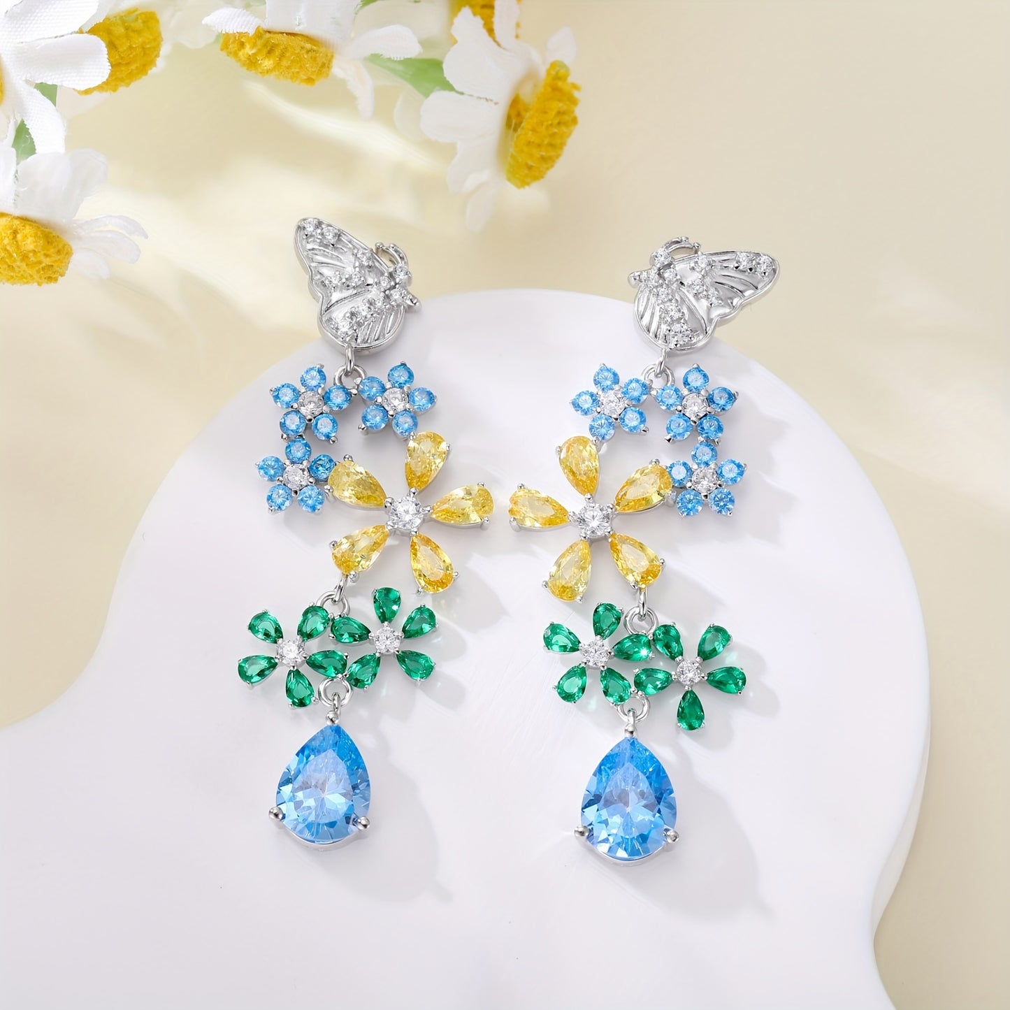 925 Sterling Silvery Butterfly and Flower Tassel Earrings for Women, Elegant and Cute Style Ear Jewelry