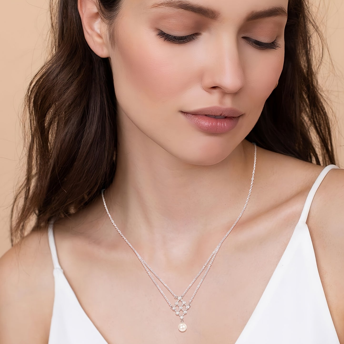 Imitation Pearl Necklace 925 Pure Silvery White Single Imitation Pearl Necklace Multi-layered Imitation Pearl Necklace with Pendant Imitation Pearl Jewelry Women's Gift, Best for Christmas