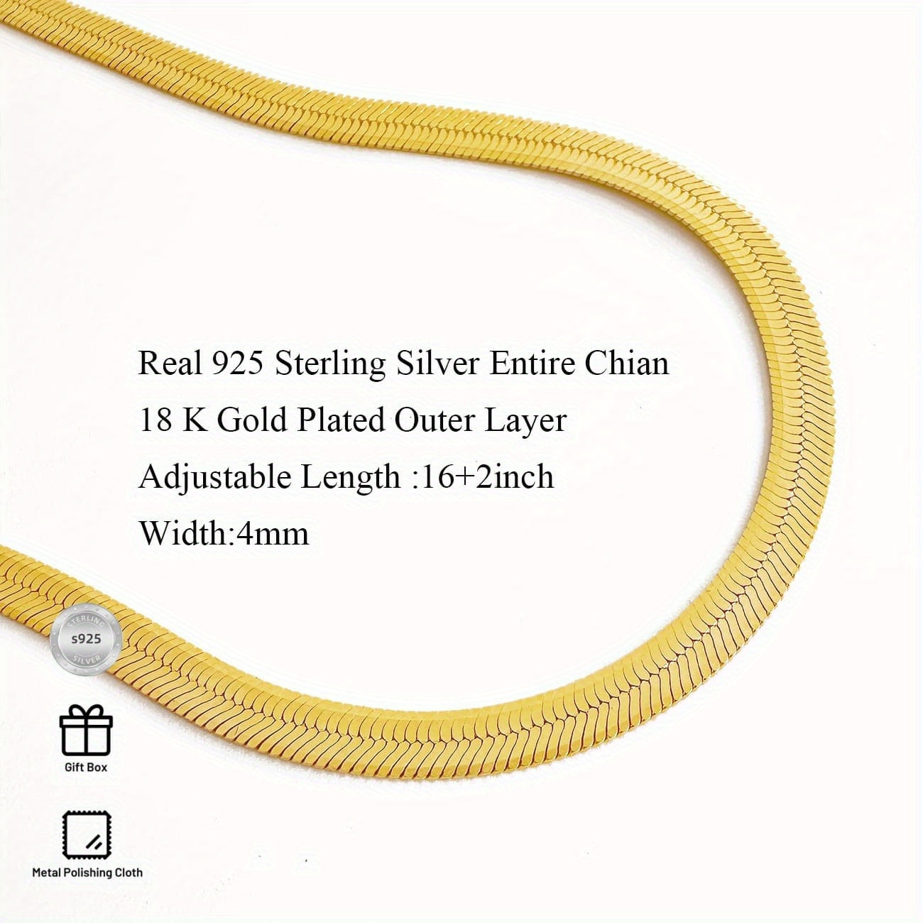 Solid 925 Sterling Silver Snake Chain for Women 4mm Adjustable Herringbone Necklace for Men 18k Golden Plated Cadena de Plata Hombre Mujer 16-18 Inch