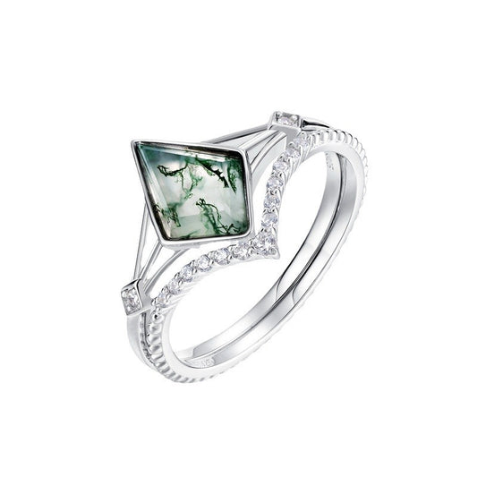 1pc geometric aquatic agate ring S925 925 Silver natural green moss stone combination ring, set ring, the best gift for family during wedding season and Mother's Day