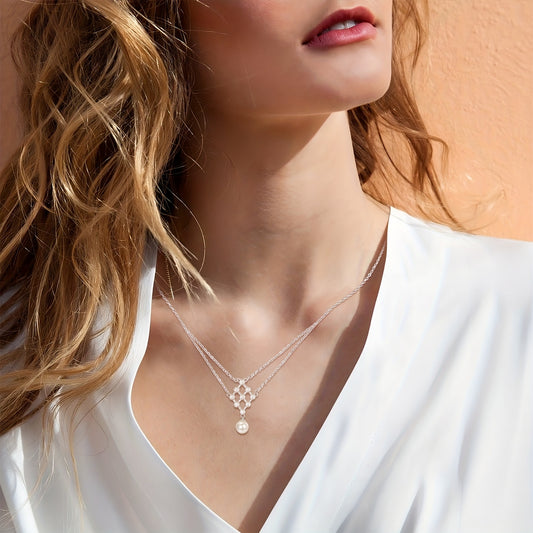 Imitation Pearl Necklace 925 Pure Silvery White Single Imitation Pearl Necklace Multi-layered Imitation Pearl Necklace with Pendant Imitation Pearl Jewelry Women's Gift, Best for Christmas