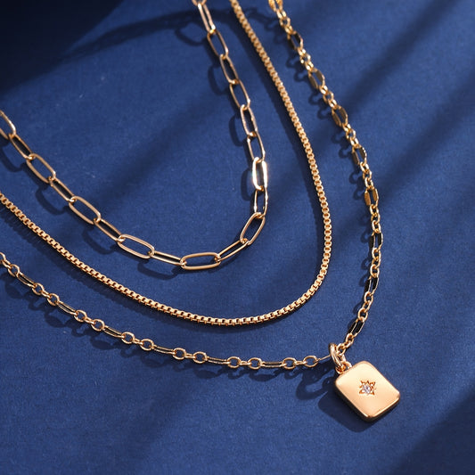 3pcs\u002Fset Multi-Layer Simple Stacks Cubic Synthetic Zirconia Rectangle Charm with Star Pendant Necklace for Women Paperclip Shining Lip Link Chain Necklace Party Gift Jewelry