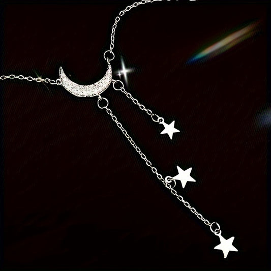 Elegant Silvery Tassel Necklace 1pc Elegant Silvery Tassel Star and Crescent Necklace - Minimalist Style Ladies Fashion Accessories - Perfect Birthday Gift for EID al-Fitr