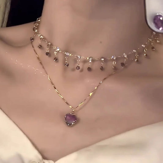 Elegant Purple Heart Pendant Necklace for Women - Double Layered Clavicle Chain with Copper, Perfect for Daily Wear or Parties, Daily Wear Necklace | Frenchinspired Jewelry | Copper Chain Necklace