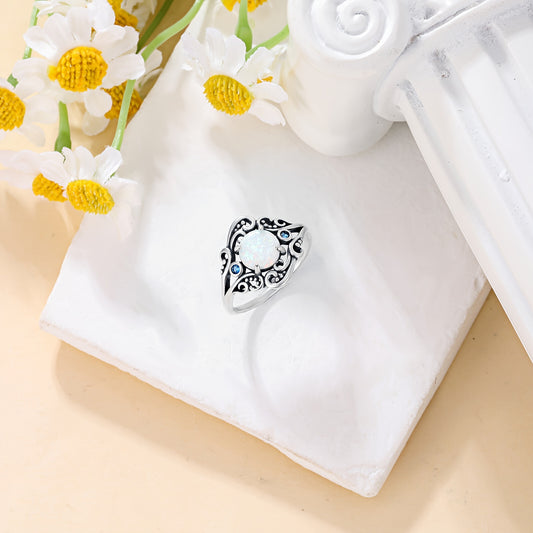 Vintage Opal Filigree Ring Real 925 Sterling Silver Jewelry Gift for Women White Created Opal Ring