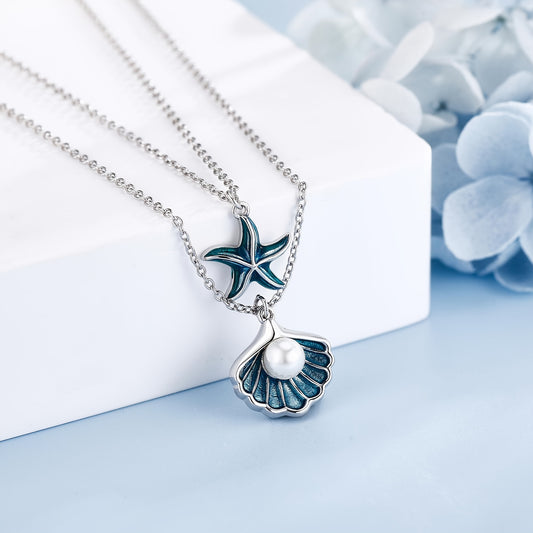 Shell Starfish Layered Necklace 925 Sterling Silver Pearl Seashell Starfish Double Layering Pendant Necklaces Ocean Jewelry for Women