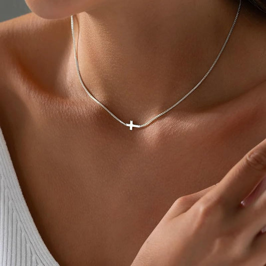 Cross Necklace for Women Silvery Plated Dainty Small Cross Pendant Choker Simple Trendy Cute Cross Charm Chain Necklace Faith Jewelry Religious Minimalist Gift
