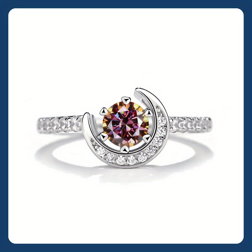 925 Silver Moissanite Moon Ring Women's Colourful Round Cut Vintage Elegant Birthday Gift Mother's Day Gift Wedding Engagement Anniversary Gift Best Gift for Girlfriend Daily Wear